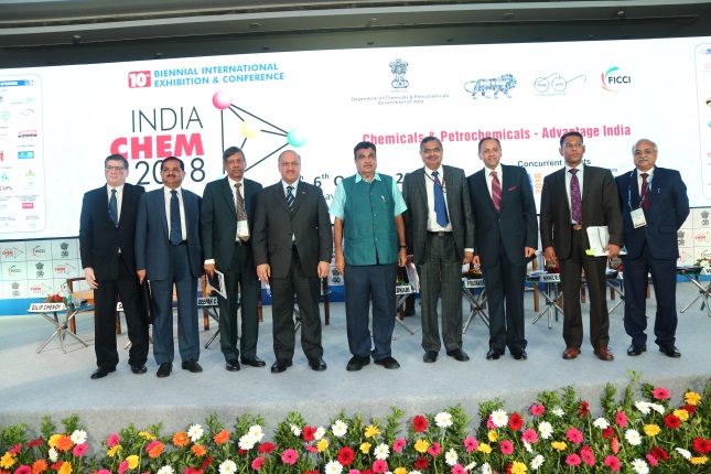 Mr. Yousef Al-Benyan, VC & CEO, SABIC, along with Mr. Nitin Gadkari, Hon’ble Minister, Ministry of Road Transport & Highways, Ministry of Shipping, Ministry of Water Resources, River Development and Ganga Rejuvenation, Govt. of India; Mr. P Raghavendra Rao, Secretary, Department of Chemicals & Petrochemicals, Ministry of Chemicals and Fertilizers, Govt. of India, and other senior industry leaders, at the inaugural session of India Chem 2018, in Mumbai.