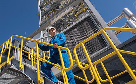 SABIC plant worker on the stairs