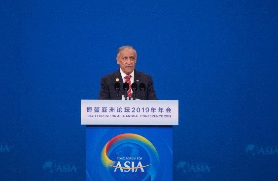 SABIC Chairman Dr. Abdulaziz Saleh Aljarbou speaks as the representative from the business community at the opening plenary of Boao Forum for Asia Annual Conference 2019