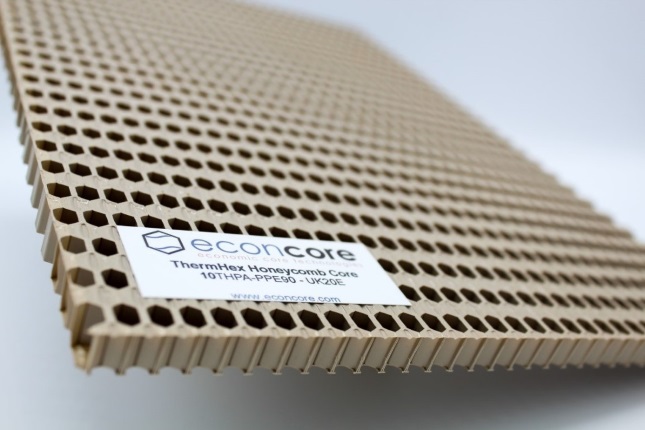 The new EconCore honeycomb core’s higher heat performance, better dimensional stability and lower water absorption vs. honeycomb structures made with incumbent thermoplastics enable the new core material to be used in demanding applications such as automotive, e-mobility and photovoltaic components. (Courtesy of EconCore)