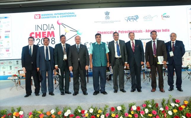 Mr. Yousef Al-Benyan, VC & CEO, SABIC, along with Mr. Nitin Gadkari, Hon’ble Minister, Ministry of Road Transport & Highways, Ministry of Shipping, Ministry of Water Resources, River Development and Ganga Rejuvenation, Govt. of India; Mr. P Raghavendra Rao, Secretary, Department of Chemicals & Petrochemicals, Ministry of Chemicals and Fertilizers, Govt. of India, and other senior industry leaders, at the inaugural session of India Chem 2018, in Mumbai. Mr. Yousef Al-Benyan, VC & CEO, SABIC, along with Mr. Nitin Gadkari, Hon’ble Minister, Ministry of Road Transport & Highways, Ministry of Shipping, Ministry of Water Resources, River Development and Ganga Rejuvenation, Govt. of India; Mr. P Raghavendra Rao, Secretary, Department of Chemicals & Petrochemicals, Ministry of Chemicals and Fertilizers, Govt. of India, and other senior industry leaders, at the inaugural session of India Chem 2018, in Mumbai.