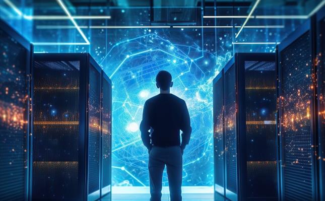 Person standing in a data center with futuristic view