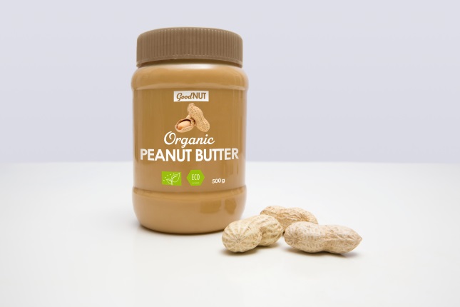 Peanut butter jar with label of recycled material
